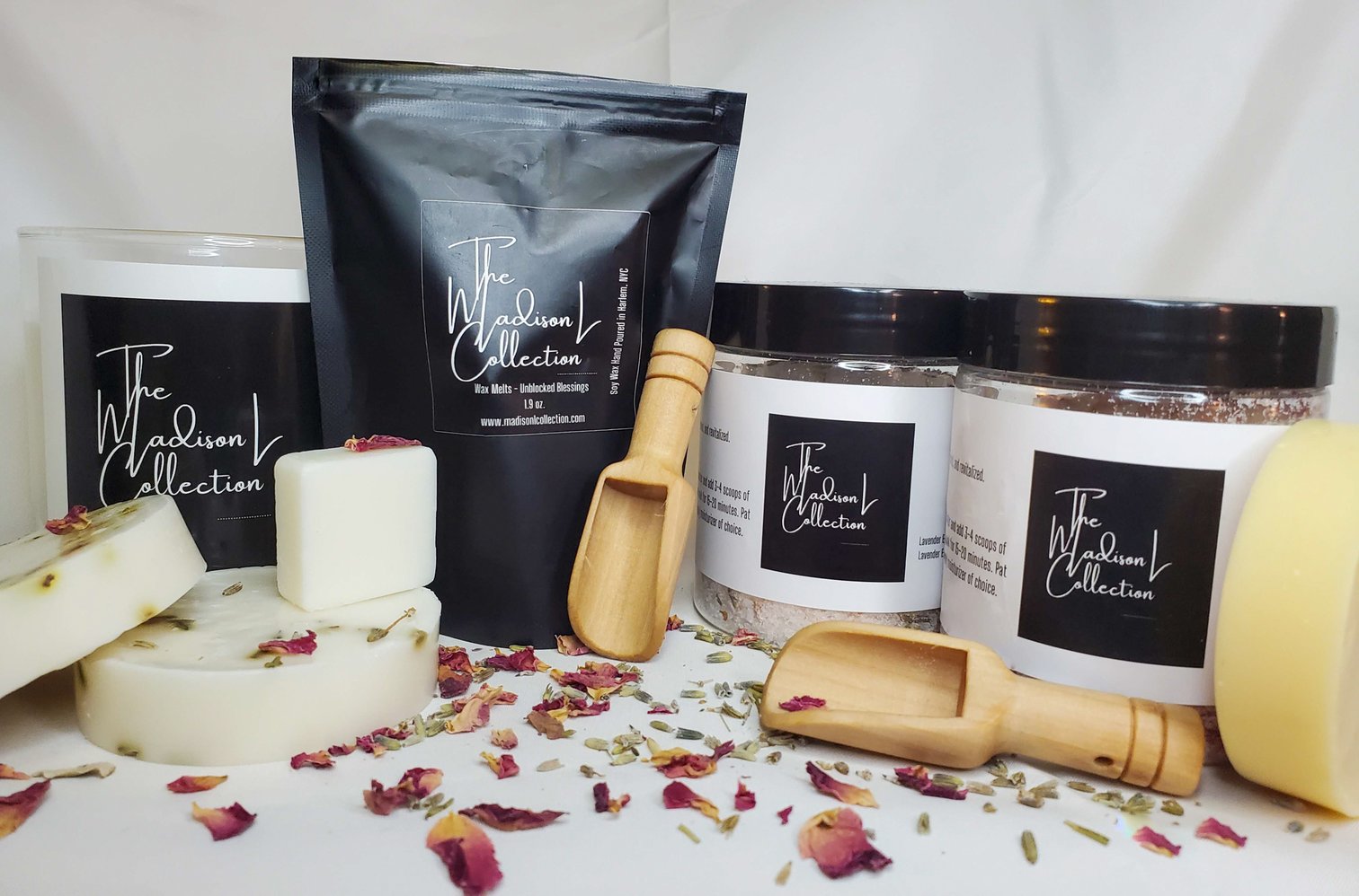 Madison L. Collection, product photography of bath salt, wax melts, foot soak and wooden spoon.